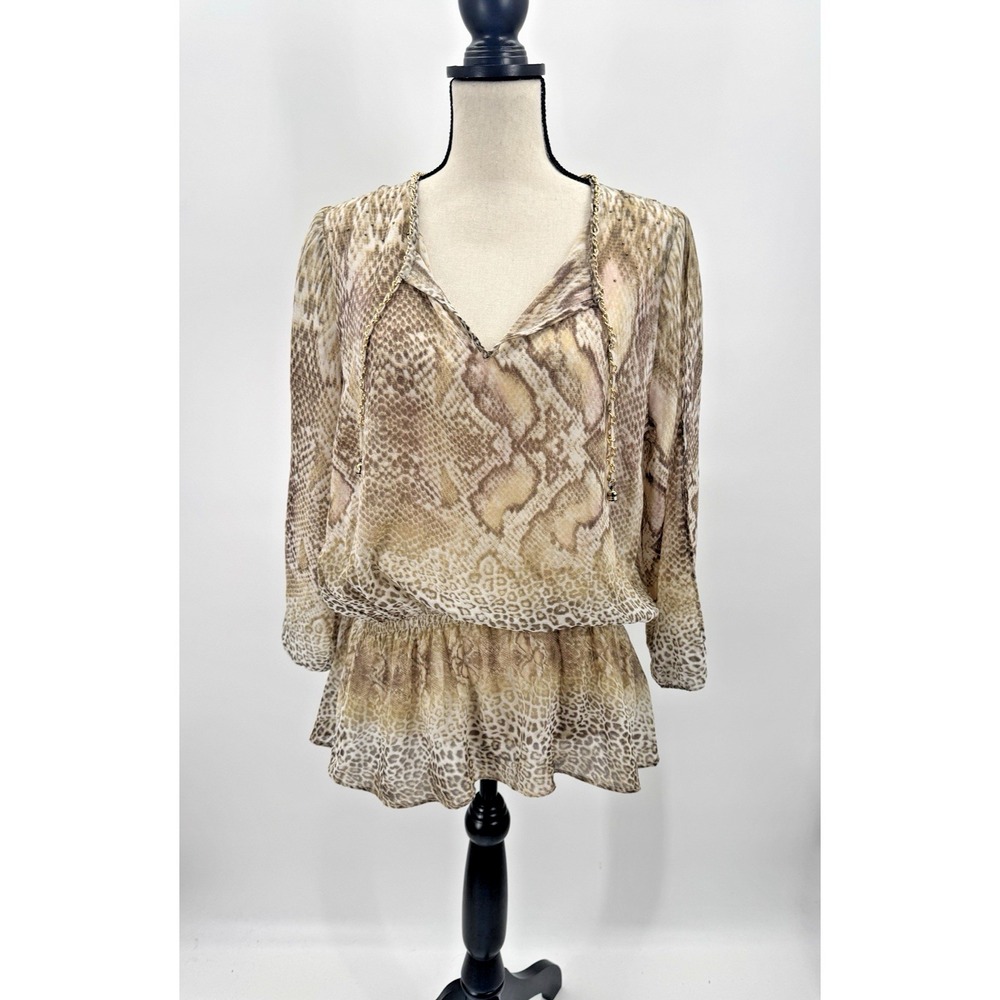 VTG Y2K Cache Snakeskin Sheer Peplum Top Large Tassel Deep V-Neck Slit Sleeve